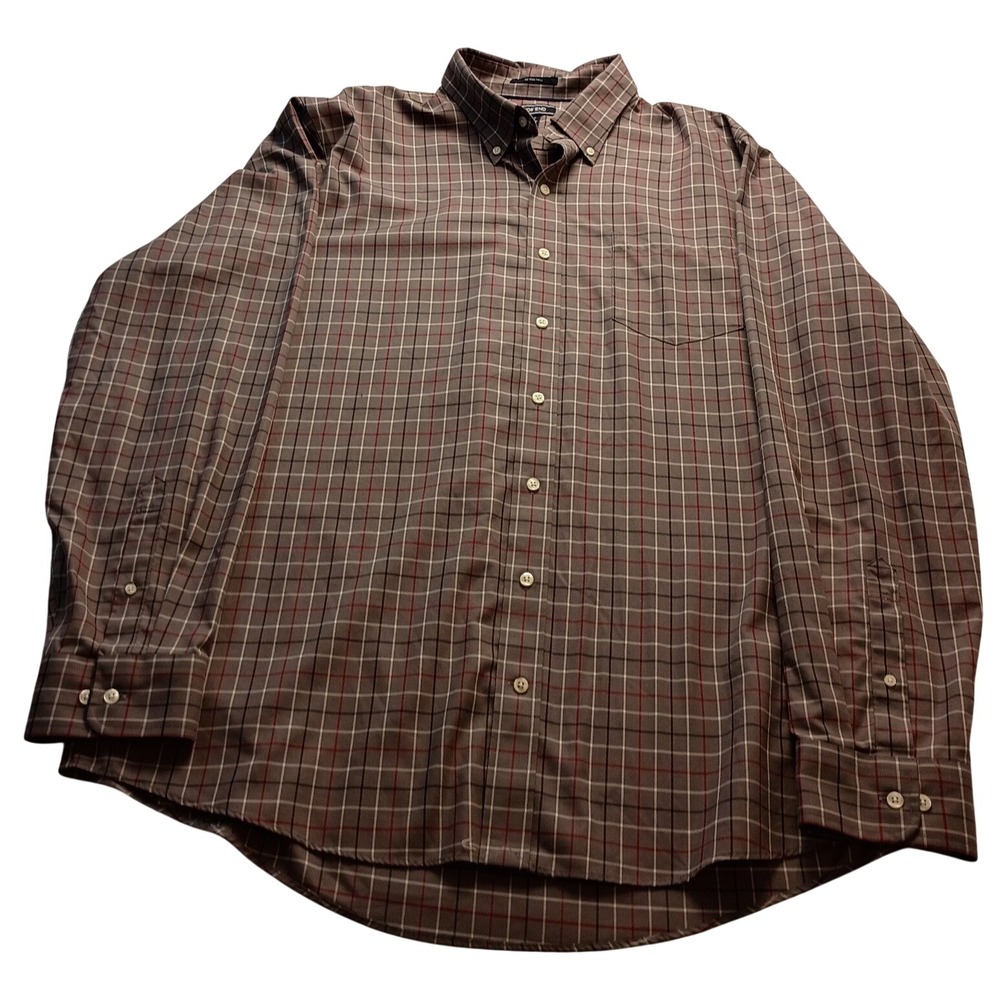 Lands' End Button Down Men's XL/T No Iron Twill Plaid Grey Burgundy Long Sleeve